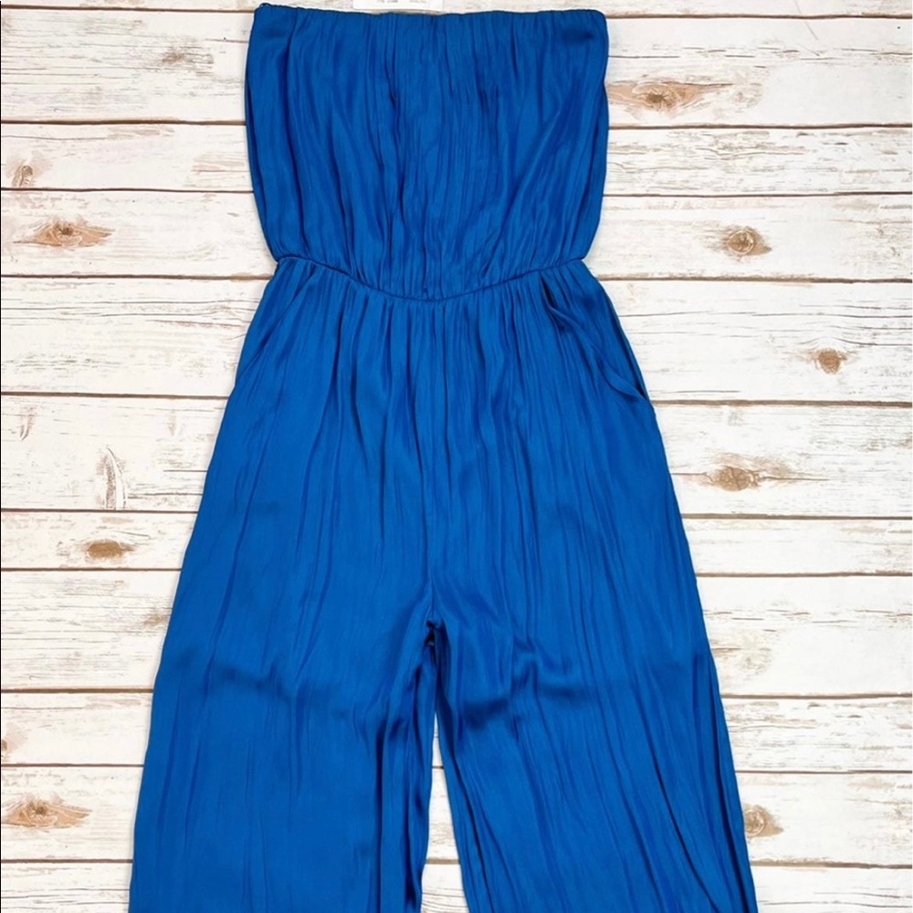 Pookie & Sebastian Blue Silk Wide Leg Strapless Jumpsuit Romper Size S Small NWT